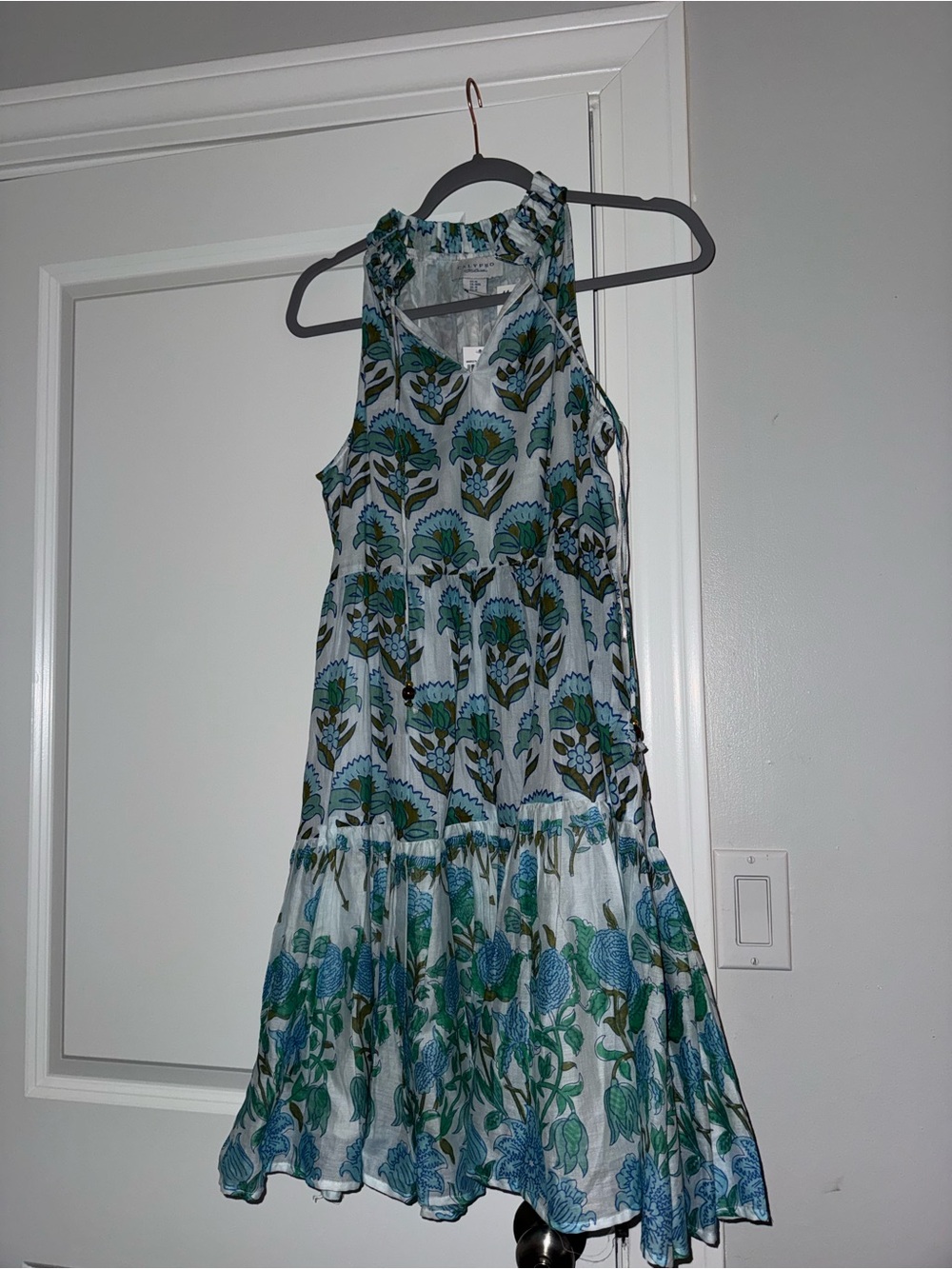 Calypso St. Barth Blue and Green Floral Ruffled Mini Dress